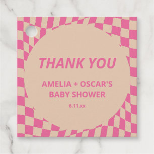 Pink Wavy Chequered Couples Baby Shower Names Favour Tags