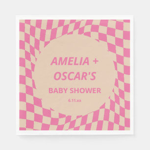 Pink Wavy Chequered Couples Baby Shower Names Napkin