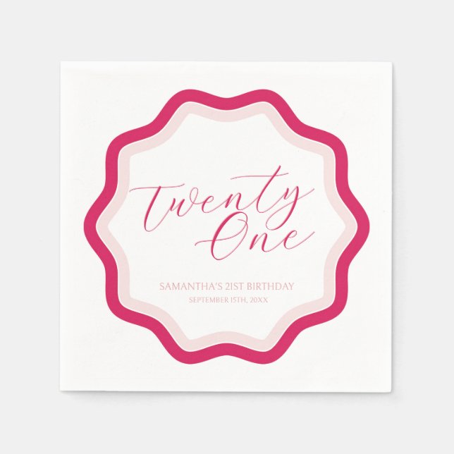 Pink Wavy Curvy Squiggly Girls 21st Birthday Napkin (Front)