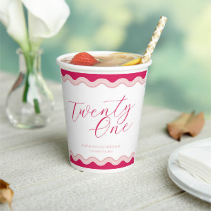 Pink Wavy Curvy Squiggly Girls 21st Birthday Paper Cups