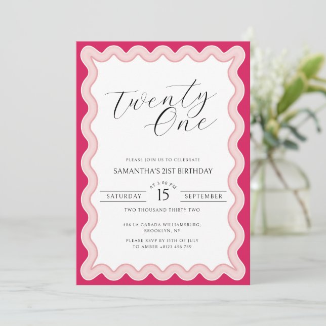 Pink Wavy Curvy Squiggly Ladies 21st Birthday Invitation (Standing Front)