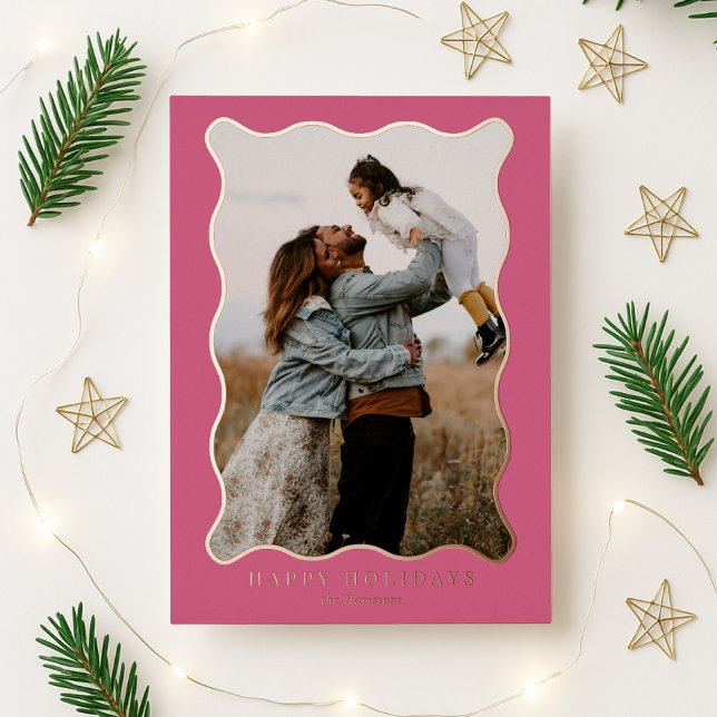 Pink wavy frame, modern holiday, family photo card (Creator Uploaded)