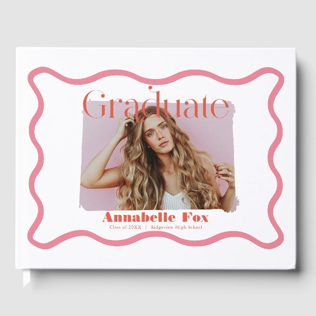 Pink Wavy Frame Photo Graduation Guest Book (Front)