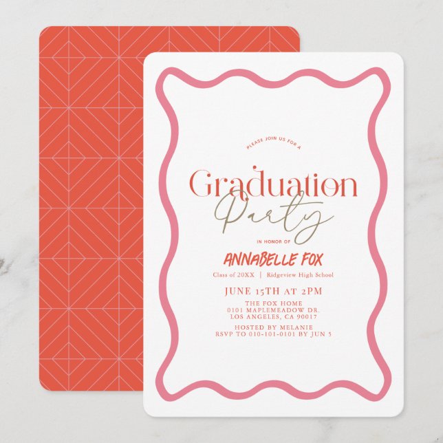 Pink Wavy Frame Trendy Graduation Invitation (Front/Back)