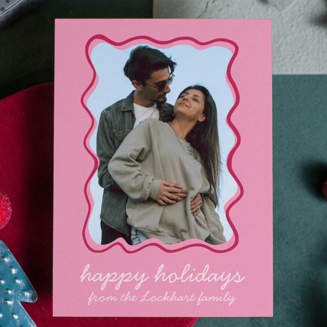 Pink Wavy Hand Drawn Whimsical Border Photo  Holiday Card (pink wavy border photo holiday christmas card cool whimsical funky modern holiday greeting card)