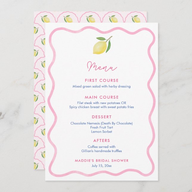 Pink Wavy Line Lemon Baby Shower Place Card (Front/Back)