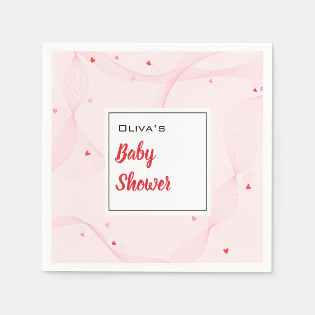 Pink wavy lines with cute hearts Paper Napkin (Front)
