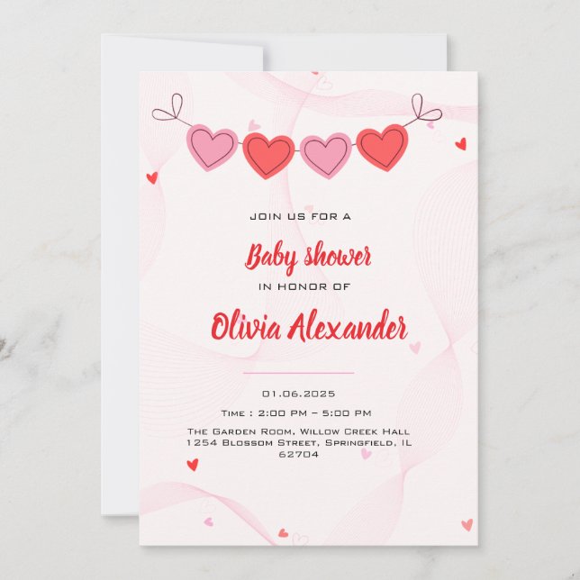 Pink wavy lines with cute red hearts baby shower  invitation (Front)