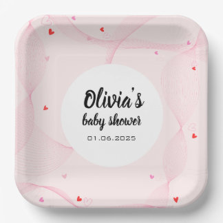 Pink wavy lines with cute red hearts Paper Plate