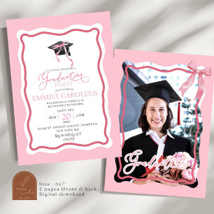 Pink Wavy Retro Graduation With Photo Invitation
