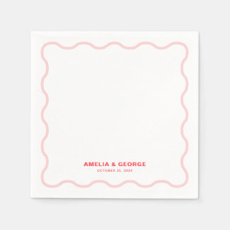 Pink Wavy Retro Wedding Cocktail Napkin