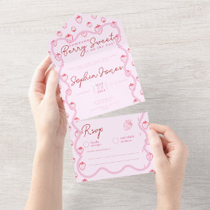 Pink Wavy Strawberry Berry Sweet Girl Baby Shower All In One Invitation
