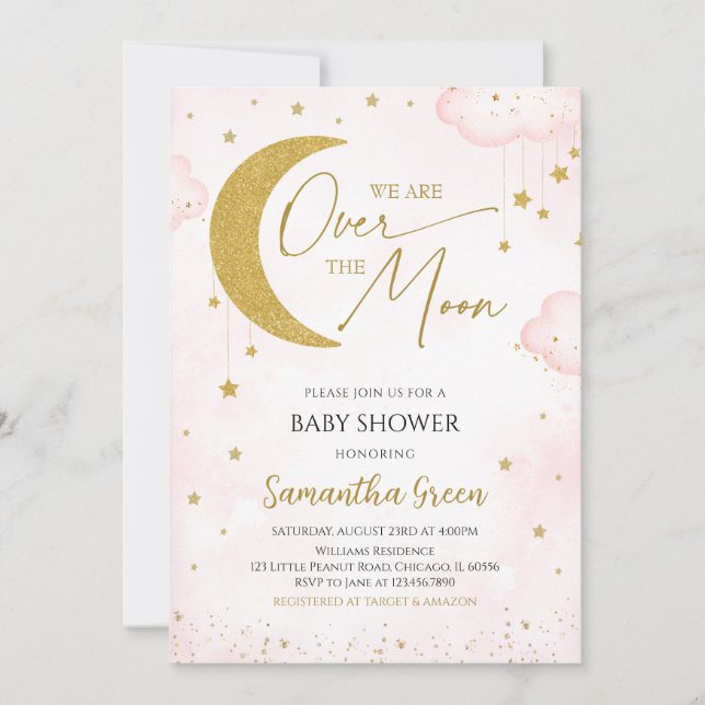 Pink We are Over the Moon Baby Shower Invitation (Front)
