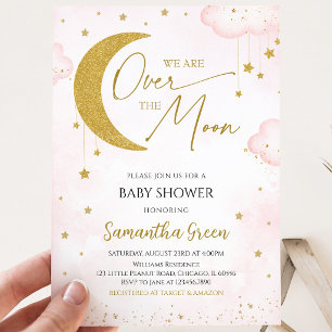 Pink We are Over the Moon Baby Shower Invitation