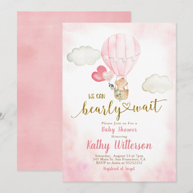 Pink We can Bearly Wait Baby Shower Invitation (Front/Back)