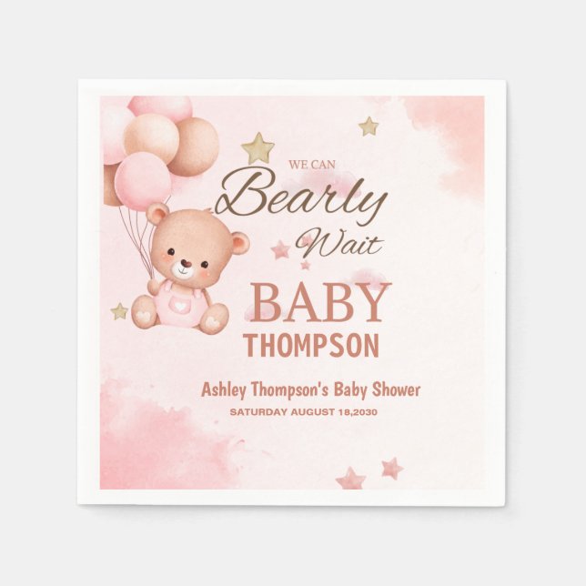Pink We Can Bearly Wait Baby Shower Paper Napkin (Front)