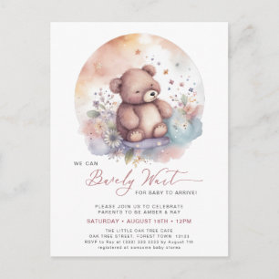 Pink We Can Bearly Wait Cute Girl Baby Shower Invitation Postcard