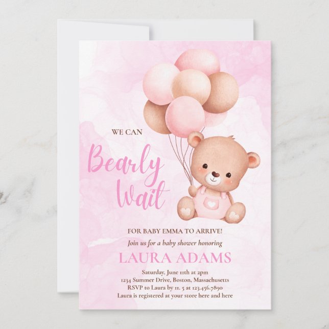 Pink We Can Bearly Wait Girl  Bear Baby Shower  Invitation (Front)