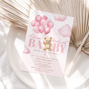 Pink we can bearly wait teddy bear girl shower invitation