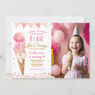 Pink We Scream Four Ice Cream 4th Birthday Photo Invitation