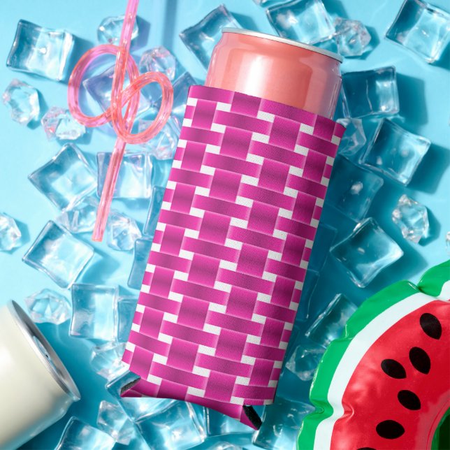 Pink weave pattern on white seltzer can cooler (In Situ Summer)