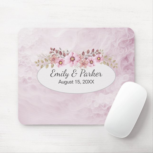 Pink Wedding Abstract With Names and Date Mouse Mat (With Mouse)