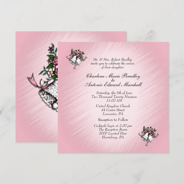 Pink Wedding Bells Invitation (Front/Back)