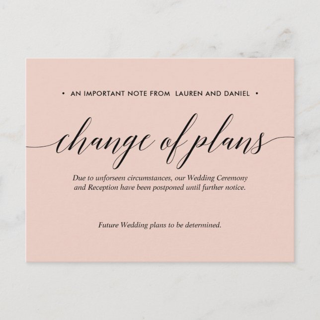 Pink | Wedding Change of Plans Postponed Cancelled Announcement Postcard (Front)