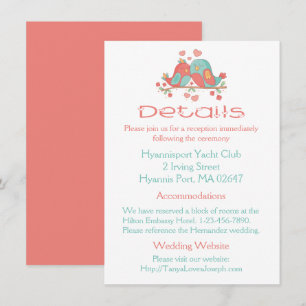 Pink Wedding Details Lovebird Blue Green Turquoise Invitation
