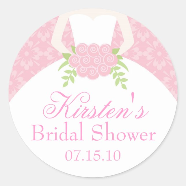 Pink Wedding Dress Bridal Shower Classic Round Sticker (Front)