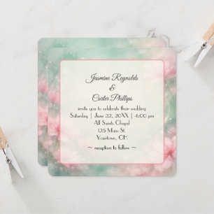 Pink Wedding Flowers On Mint Green Abstract Invitation