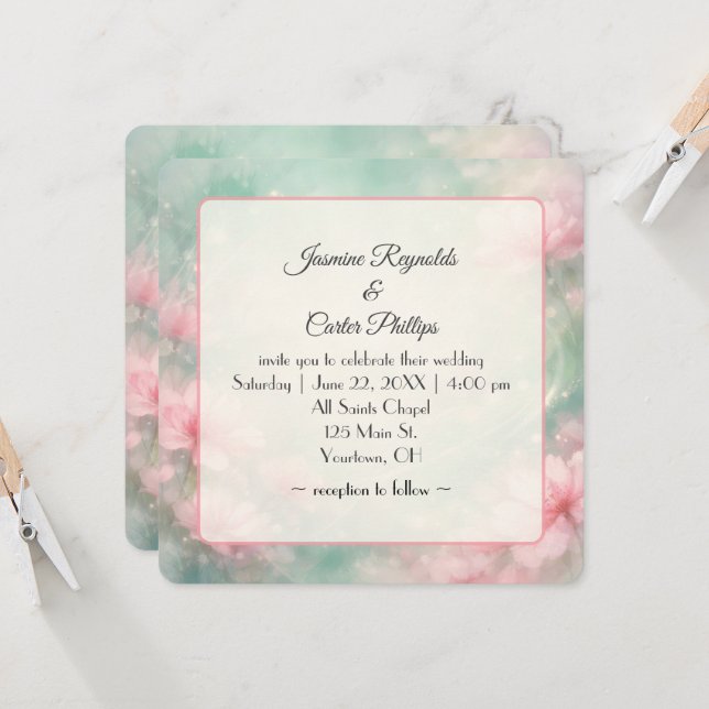 Pink Wedding Flowers On Mint Green Abstract Invitation (Front/Back In Situ)