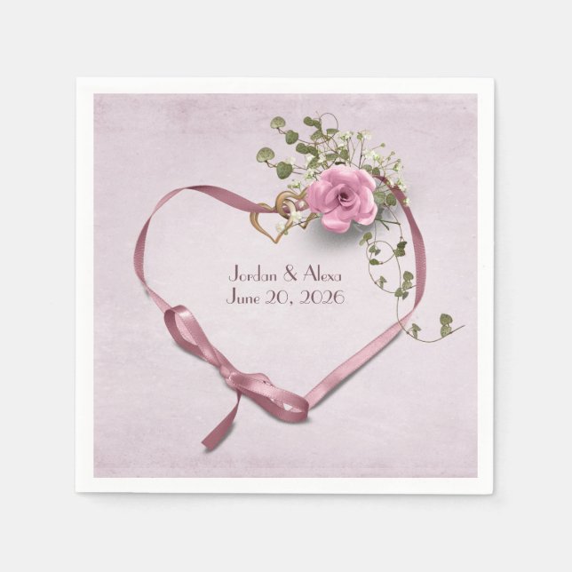 pink wedding heart ribbon with rings napkin (Front)