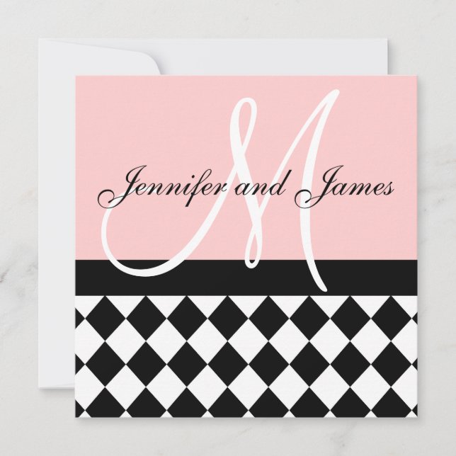 Pink Wedding Invitation Monogram Names Harlequin (Front)