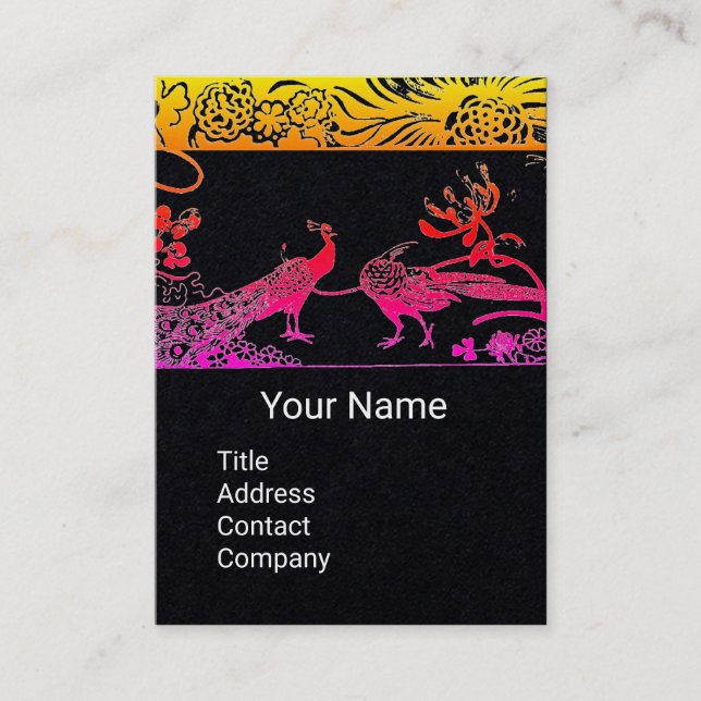 PINK WEDDING LOVE BIRDS MONOGRAM Black Paper Business Card (Front)