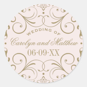 Pink Wedding Monogram   Antique Gold Flourish Classic Round Sticker