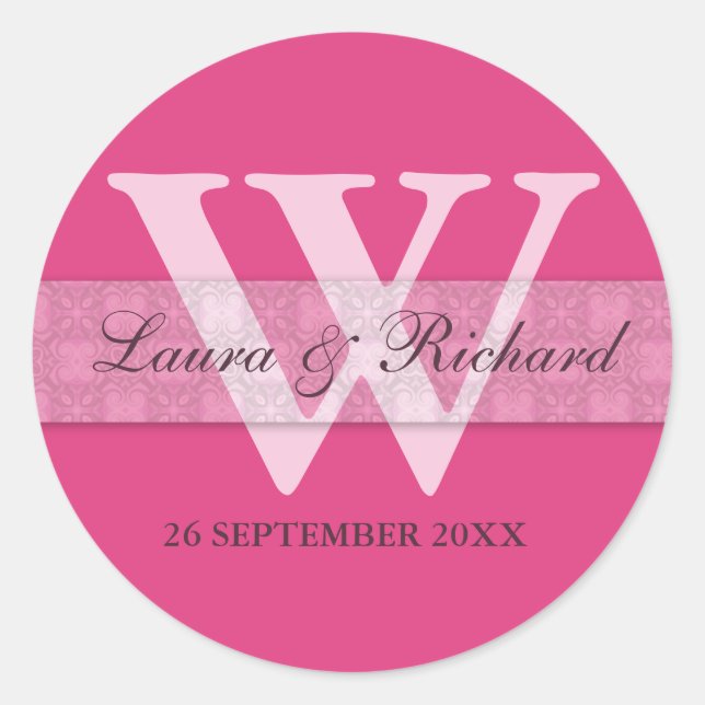 Pink Wedding Monogram Bride And Groom Classic Round Sticker (Front)