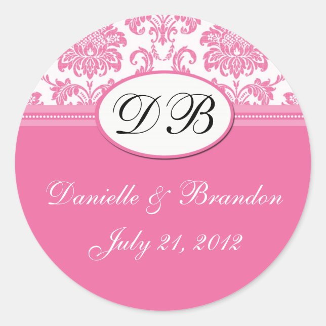 Pink Wedding Monogram Damask Seal (Front)