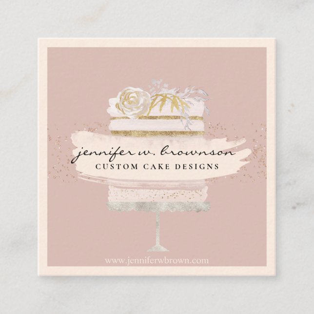 Pink wedding party special cake gluten free bakery square business card (Front)