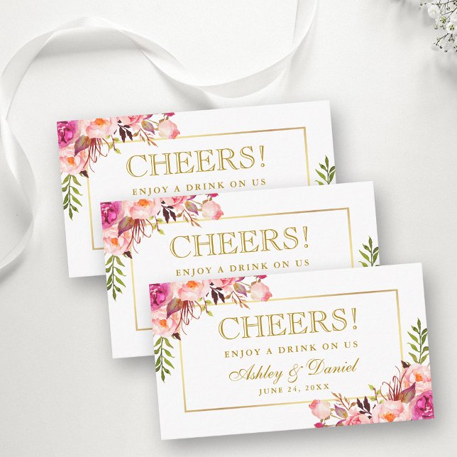 Pink Wedding Reception Gold Drink Ticket Card (Customize to change text color, style, size or to add more text to back of card.)