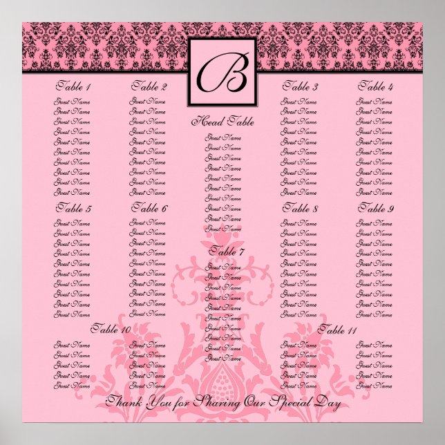 Pink Wedding Reception Seating Chart - Square (Front)