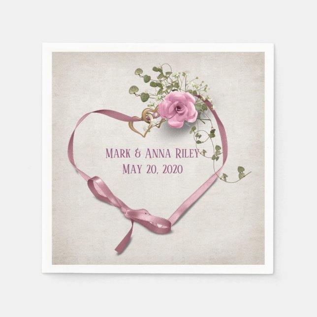 pink wedding ribbon heart with rings and rose napkin (Front)