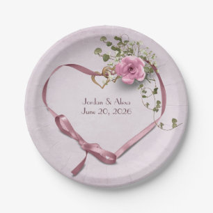pink wedding ribbon heart with rose paper plate