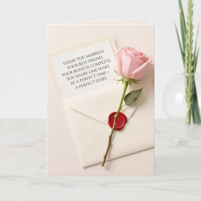 Pink Wedding Rose On a Red Wax-sealed Envelope Card (Front)