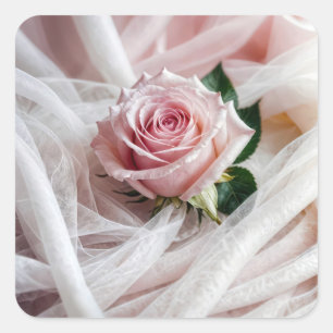 Pink Wedding Rose On Tulle Square Sticker