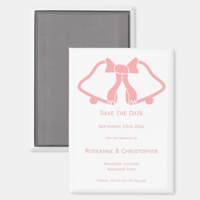 Pink Wedding Save The Date Magnet Bells Ribbon (Front/Back)