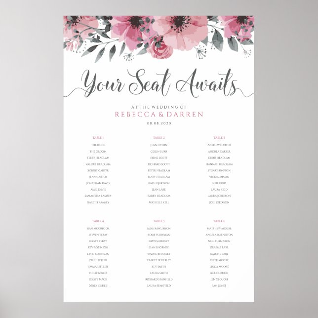 Pink Wedding Seating Chart with 6 Tables (Front)