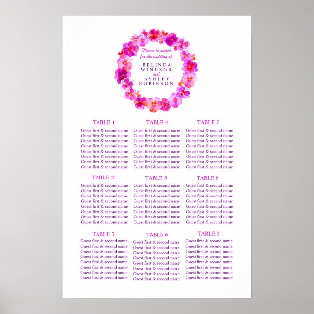 Pink Wedding Seating Table Planner 9 tables Poster (Front)