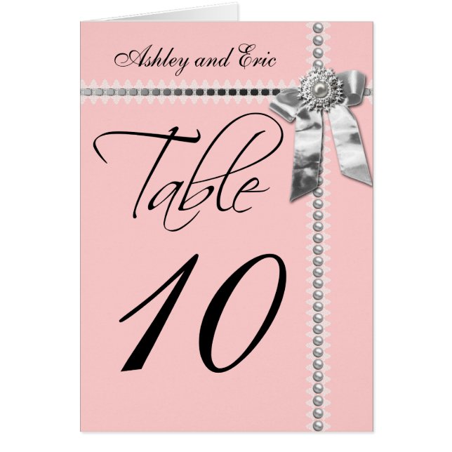 Pink Wedding Table Number Card Silver Bow Ribbon (Front)