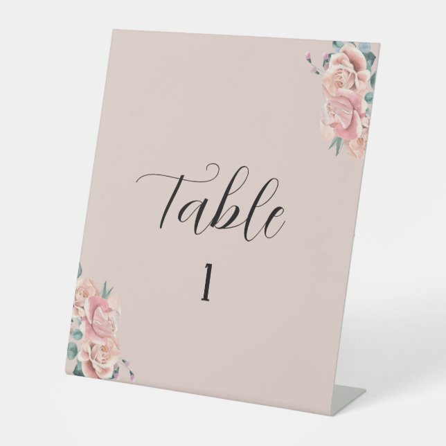 Pink wedding table number with roses pedestal sign (Front)